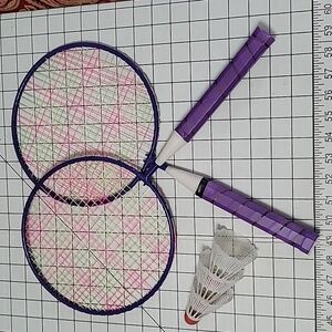 2 badminton rackets racquet‎ purple metal wooden handle w/3 shuttlecocks